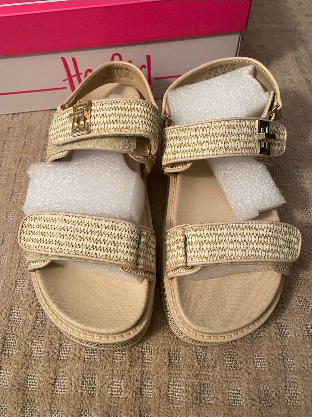 Corkys Beige Woven Strap Sandals with Gold Buckles